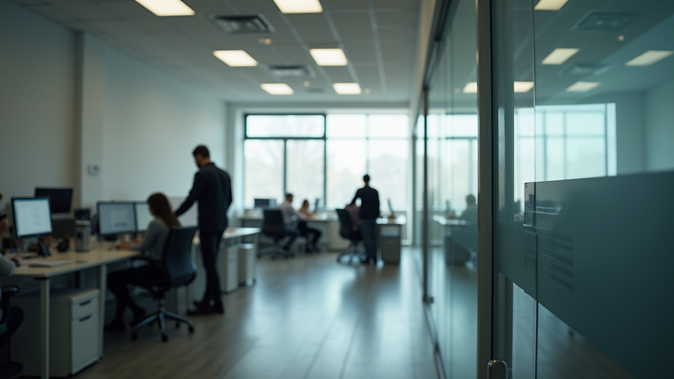 Wide angle view of a bustling office environment