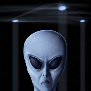 In the background, a triangular spacecraft hovers in the sky with three ambient blue spotlights shining down towards the ground. There's a metallic, matte black texture on the craft and black, tinted windows. A mysterious, wispy wave appears under and in front of the craft. In the foreground, the face of a gray alien stares at the viewer through swept back, large, pupil-less eyes reflecting the moonlight.