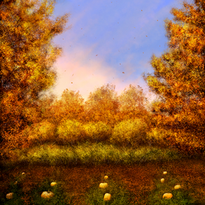 An autumn pumpkin patch at sunset. The pumpkins are full and ripe for the picking. The last of the day's dying light shines off their rinds. The sky is blue but the clouds are sun-kissed by hues of magenta, orange, yellow, and pink. At the end of the pumpkin patch, a large maple tree flanks each side. In the center of the painting, where the tilled soil of the pumpkin patch ends and meets the wood line, sits a row of yellow, green, and orange hedges and bushes that cut across the painting. Behind the hedges, another row of large maples stand in the sun. Autumn leaves rise higher and higher in the air as the wind carries them aloft.