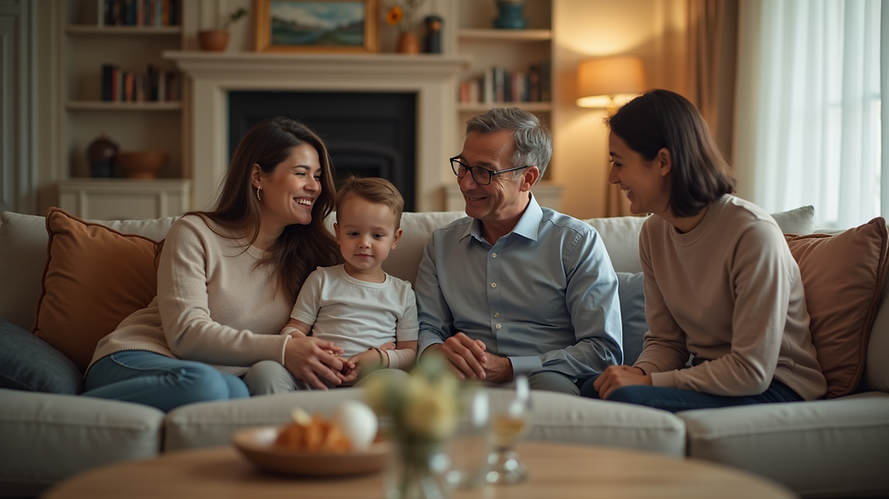 Eye-level view of a peaceful family gathering in a comfortable living room