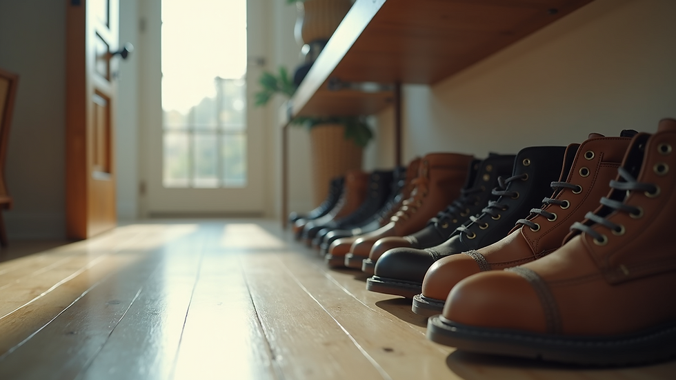 Eye-level view of an organized entryway with shoes neatly placed on a rack