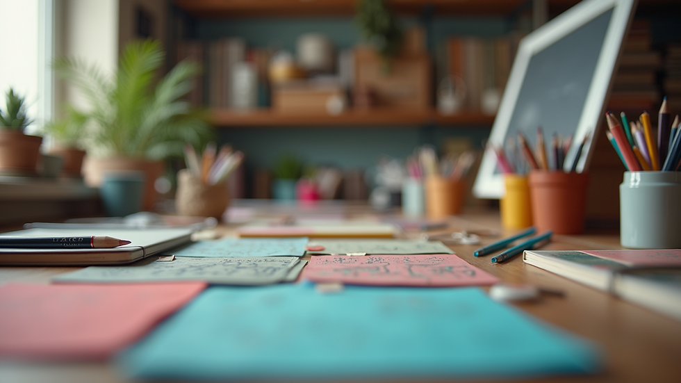 Eye-level view of a craft workspace filled with colorful supplies
