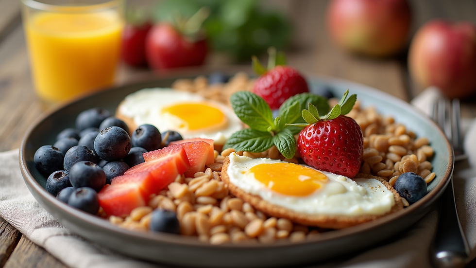 Close-up view of a nutritious breakfast spread with fruits and whole grains.