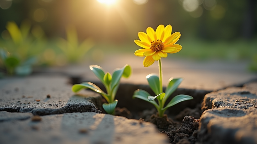 Close-up view of a blooming flower growing through a crack in the ground