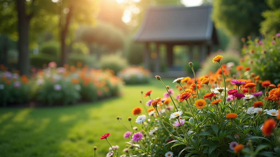Wide angle view of a serene garden filled with flowers and greenery