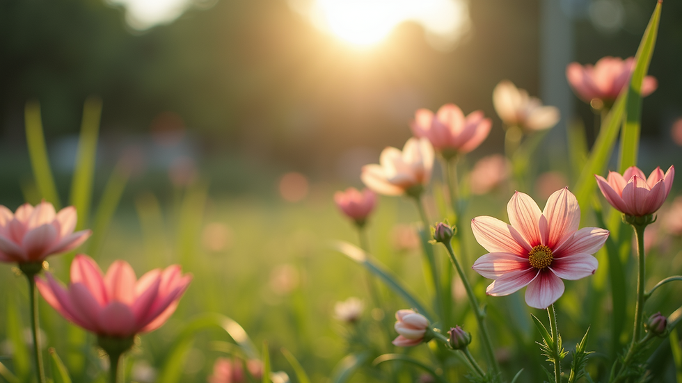 Eye-level view of a peaceful garden with blooming flowers