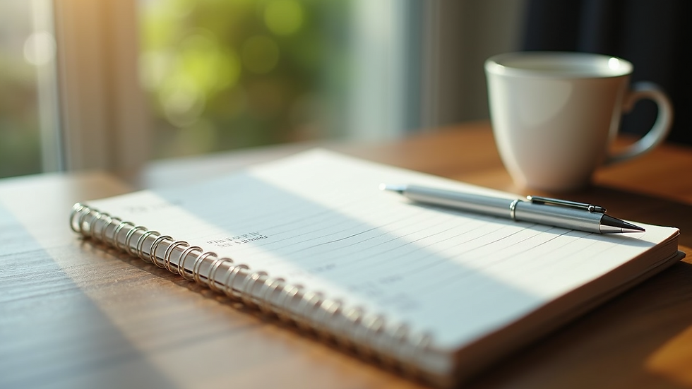 High angle view of a tranquil workspace with a notebook and peaceful ambiance