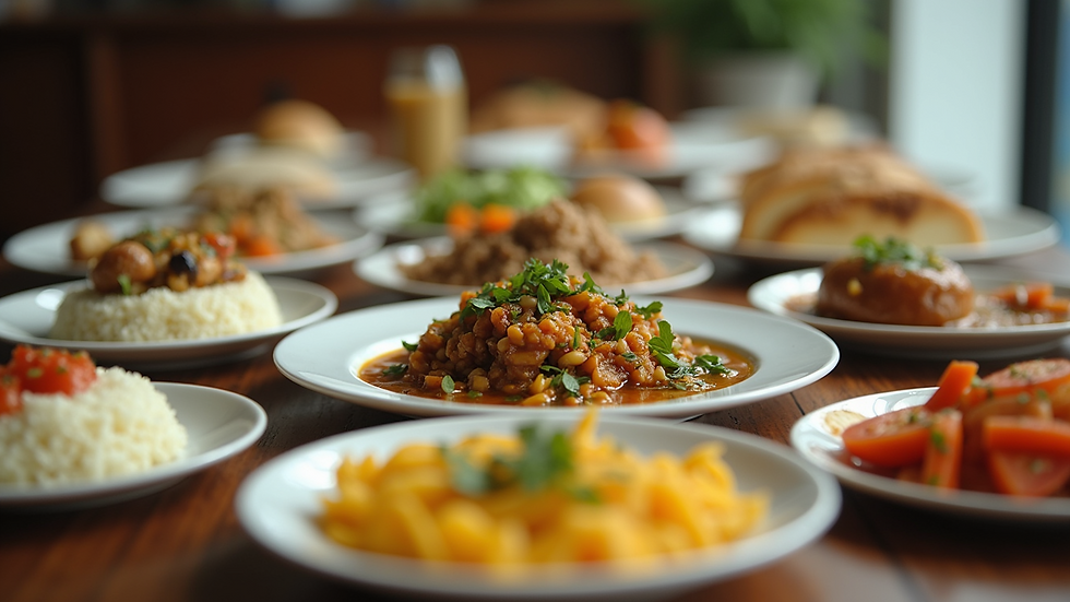 Eye-level view of a shared lunch table filled with colorful food dishes