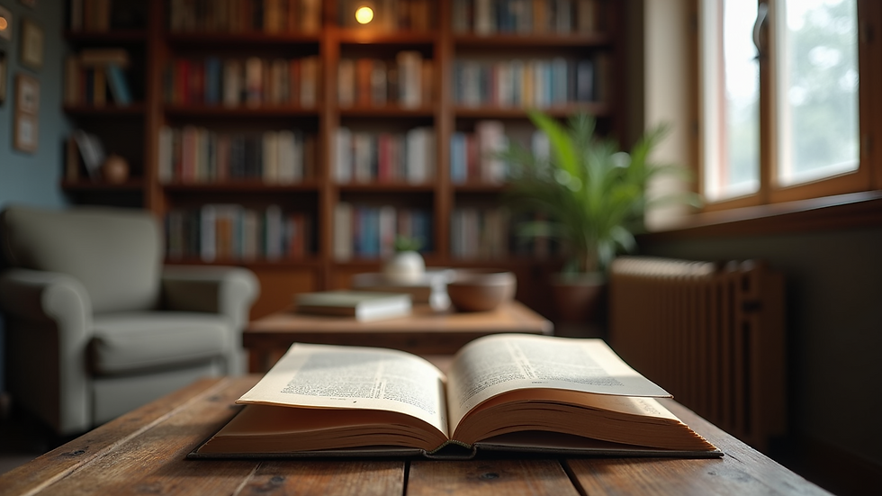 Eye-level view of a cozy reading nook filled with books