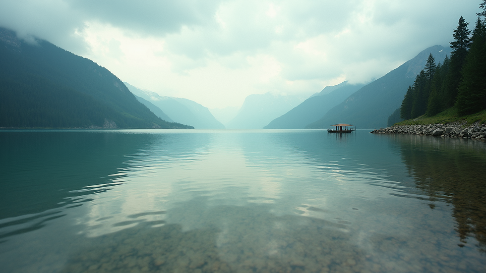 Eye-level view of a serene lakeside with calm waters