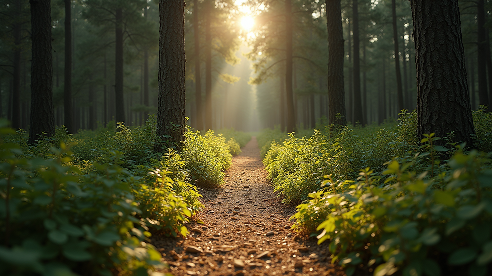 Wide angle view of a tranquil forest path for a peaceful nature walk