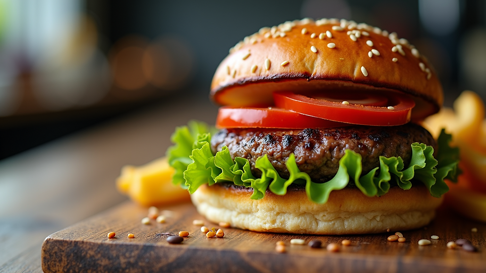 Close-up view of a juicy hamburger with fresh toppings