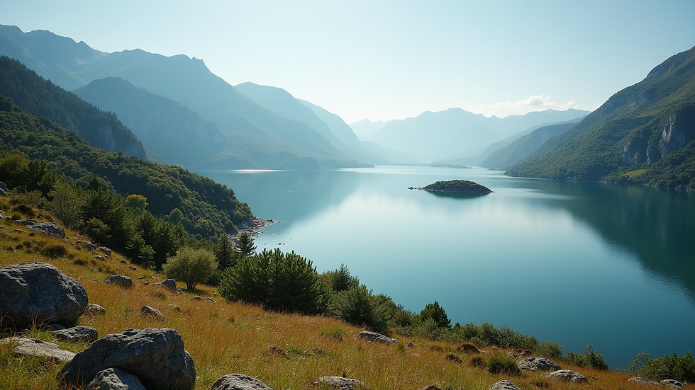 High angle view of a serene natural landscape with mountains and a calm lake