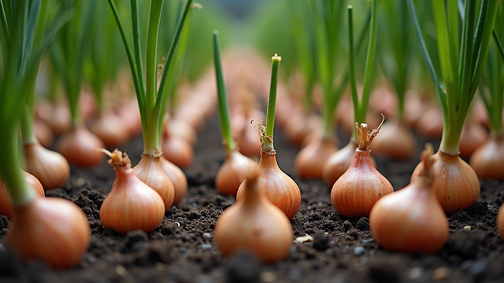 High angle view of a garden bed filled with planted onion bulbs