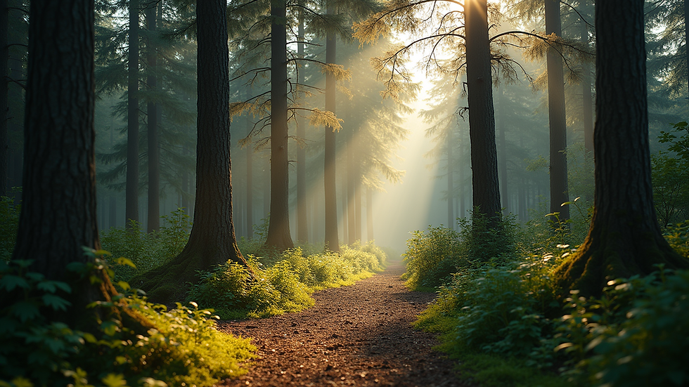 Wide angle view of a serene forest landscape