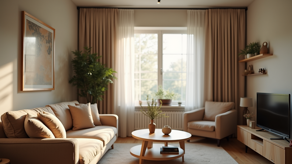Eye-level view of a serene living room with cozy decor and soft lighting.