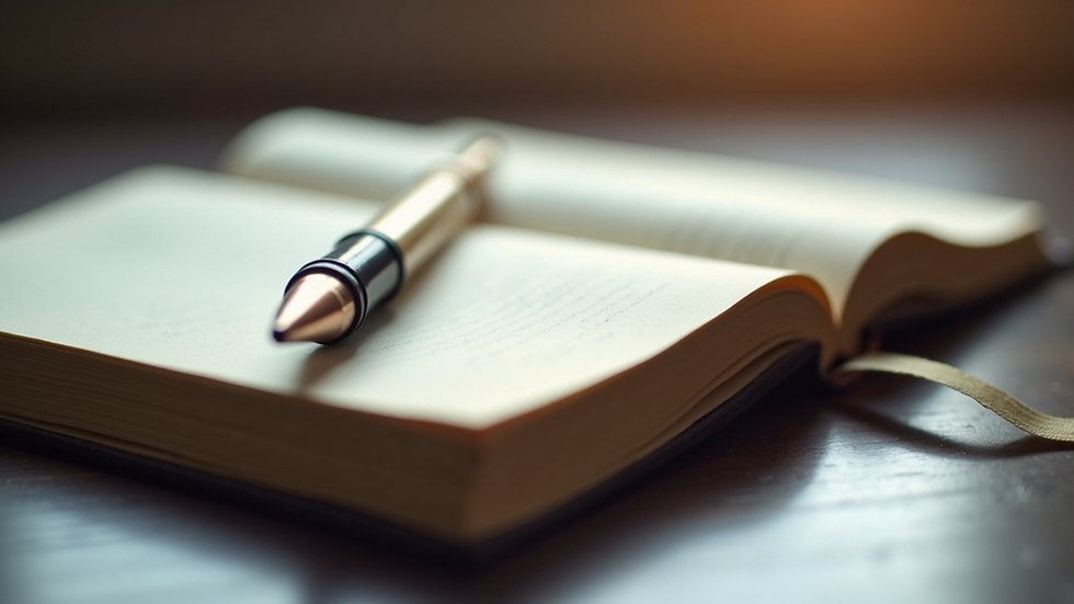Close-up view of an open journal with a pen beside it