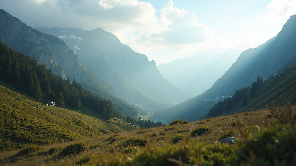 Eye-level view of a serene mountain landscape