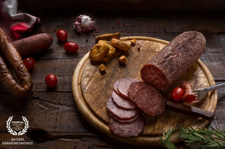 award winning food photography Foodelia rustic salami and charcuterie board with sliced meat tomatoes and herbs, commercial food photography for restaurant menu and product presentation
professional food photography salami product shoot rustic style, high quality food styling for restaurant branding menu photography and advertising visuals