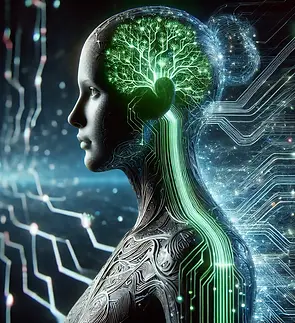 DALL·E 2025-03-01 19.49.19 - A futuristic human seamlessly integrated into a glowing AI ne
