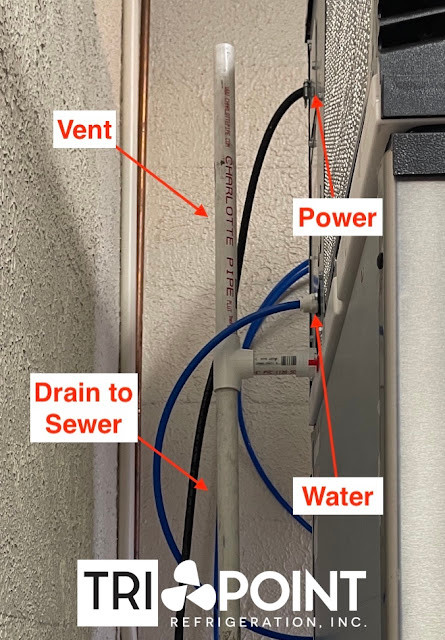 Properly plumbed and drain commercial ice machine