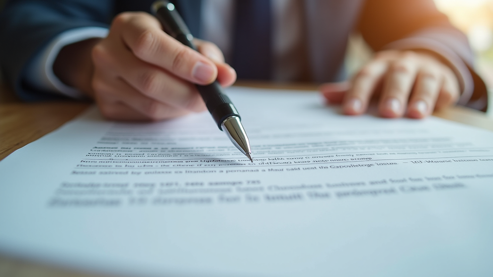 Eye-level view of a legal document with a pen ready for signature