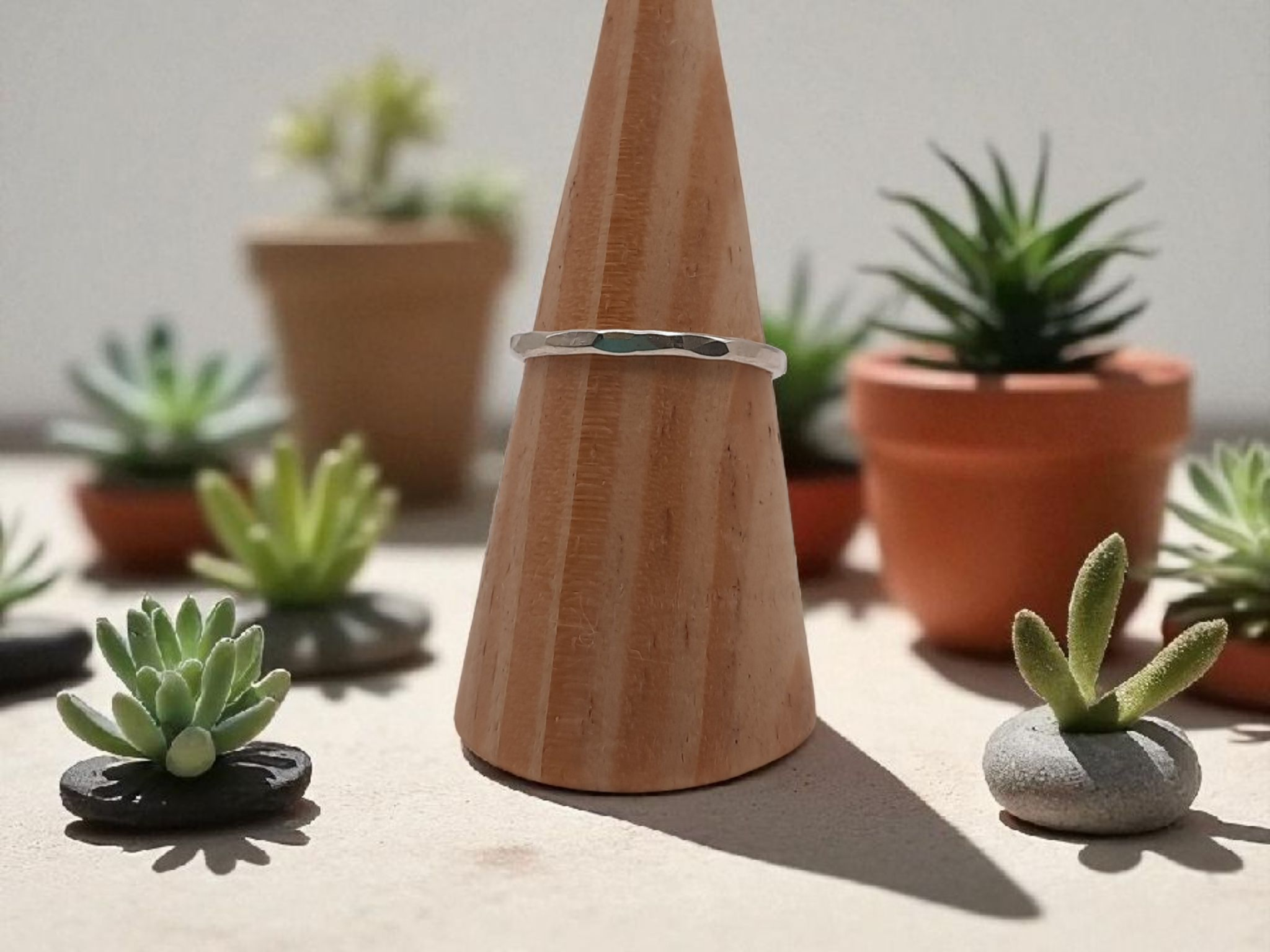 A dainty hammered texture ring displayed on a wooden cone surrounded by potted succulent plants