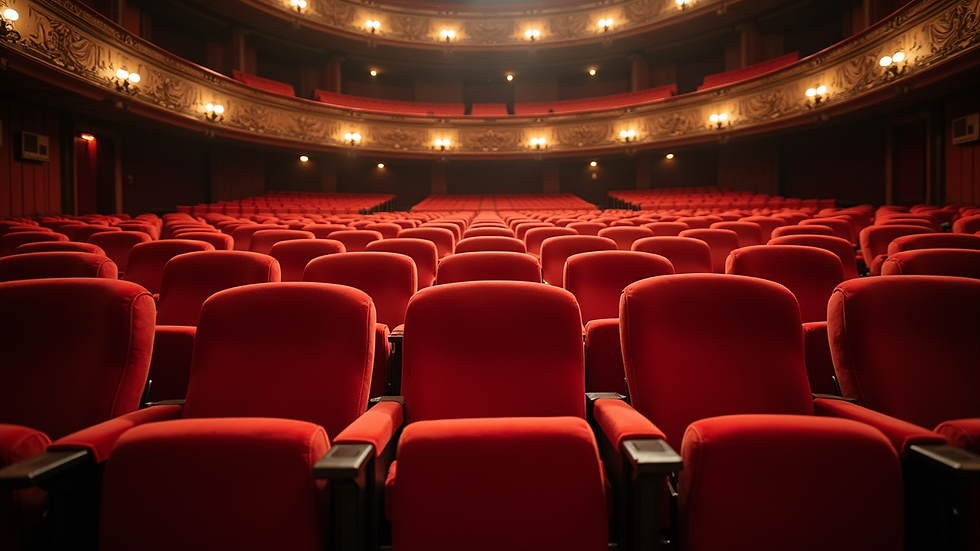 Vue en contre-plongée d’un théâtre ancien avec un rideau rouge et des sièges en velours
