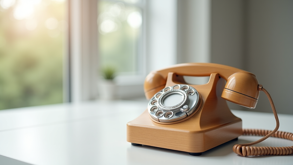 Close-up of a wooden telephone on a modern white desk
