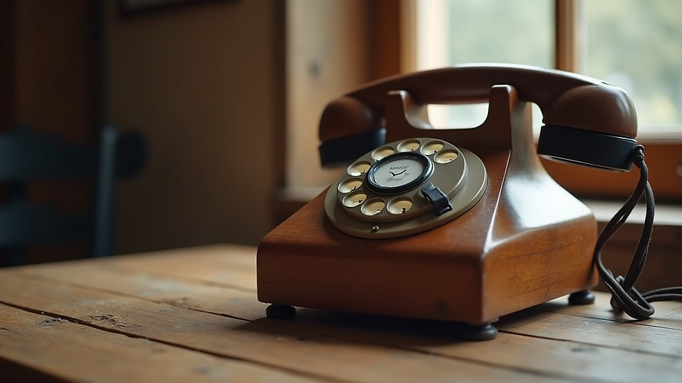 Eye-level view of a wooden vintage telephone on a rustic wooden table