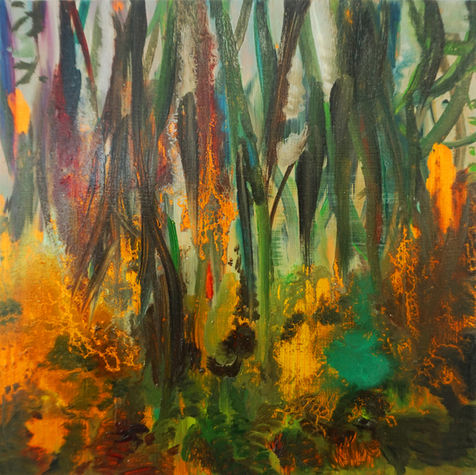 Artist Deborah Wasserman, Ascending Roots painting, Acrylic and oil on panel small work that shows a broken palm tree