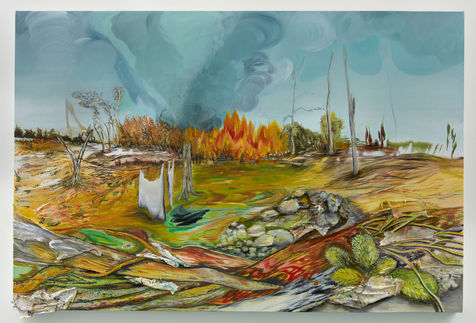 The earth and trash are burning in this painting by female artist and educator Deborah Wasserman
