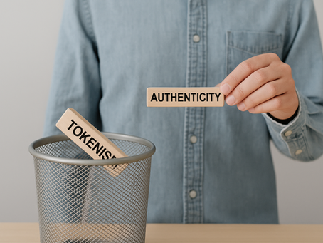 Person putting the word 'tokenism' in a trash can and holding the word authenticity