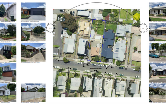 Aerial site analysis showing surrounding properties and development context