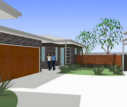 3D render of dual occupancy home with driveway, garage and landscaped front yard
