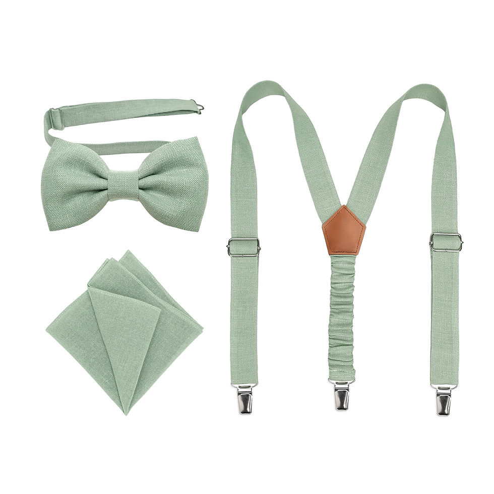 Miniaturbild: Bow tie, pocket square and suspenders set in light sage green
