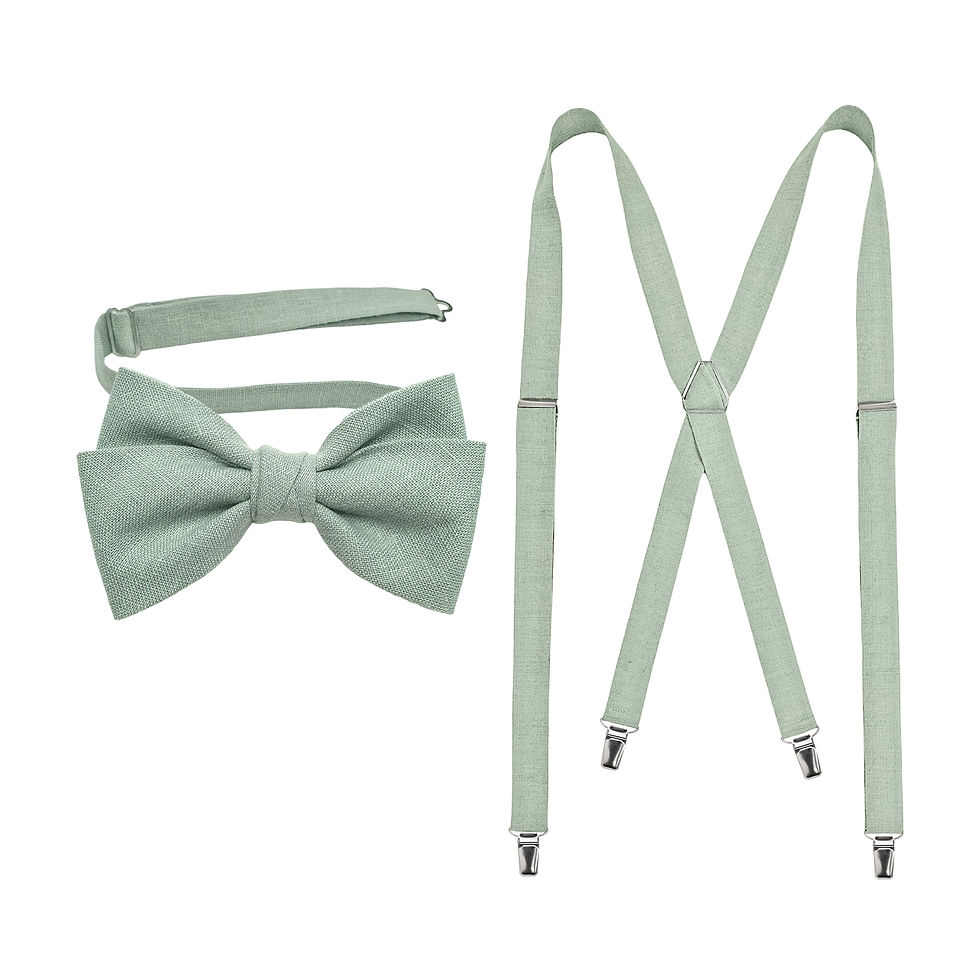 Miniaturbild: sage green bow tie and suspenders for groomsmen