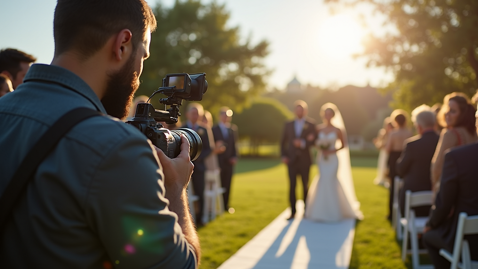 Eye-level view of a videographer filming a wedding ceremony outdoors