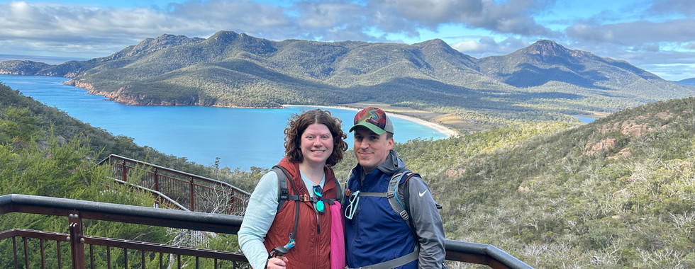 We pose for a picture on the overlook of Wineglass Bay