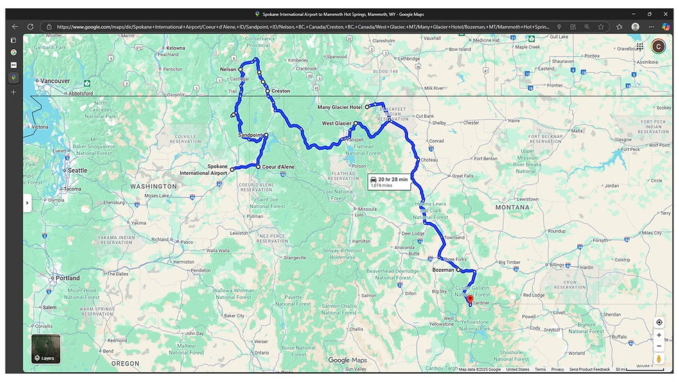 Map showing a route from Spokane, WA, to Bozeman, MT, marked in blue. Route passes landmarks like Glacier Nat'l Park. Route: 1074 miles.