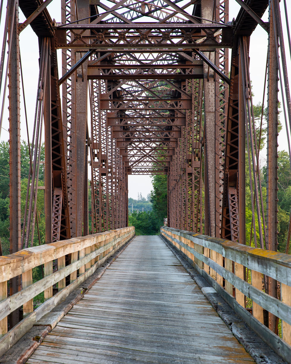 Rustic metal bridge with wooden pathway and trees.