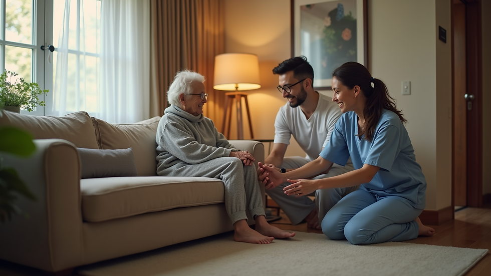 Eye-level view of a cozy living room with a caregiver assisting an elderly person