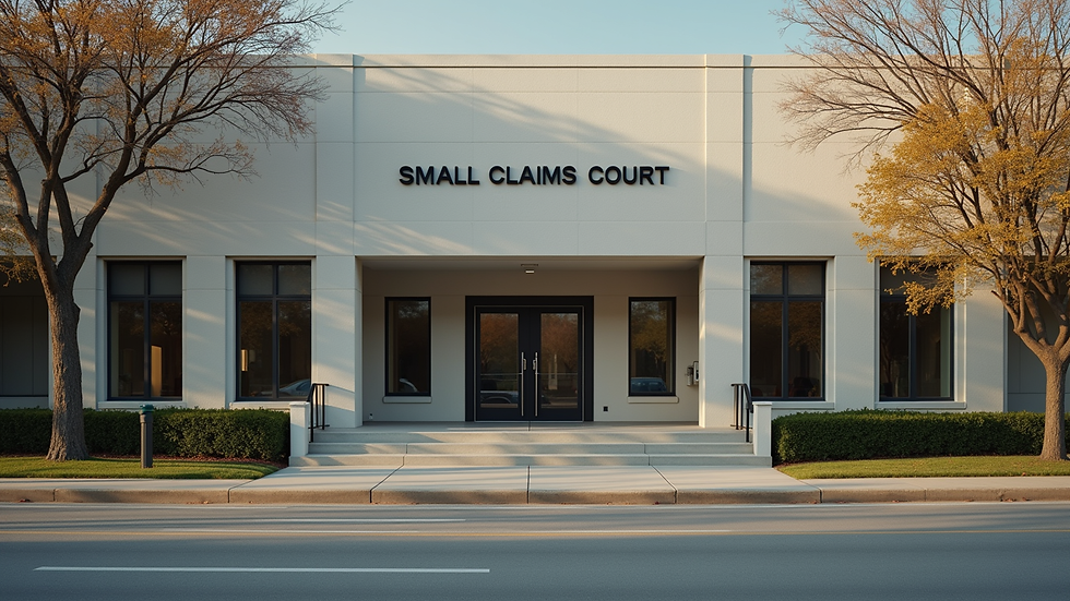 Eye-level view of a small claims court building exterior