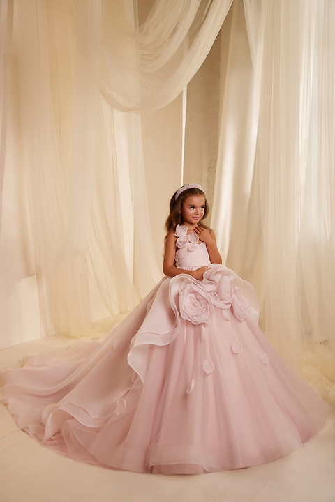 open lace back dress Lilac Flower Girl Dress with 3D Flowers & Beading Size 12 / Ivory main image 1