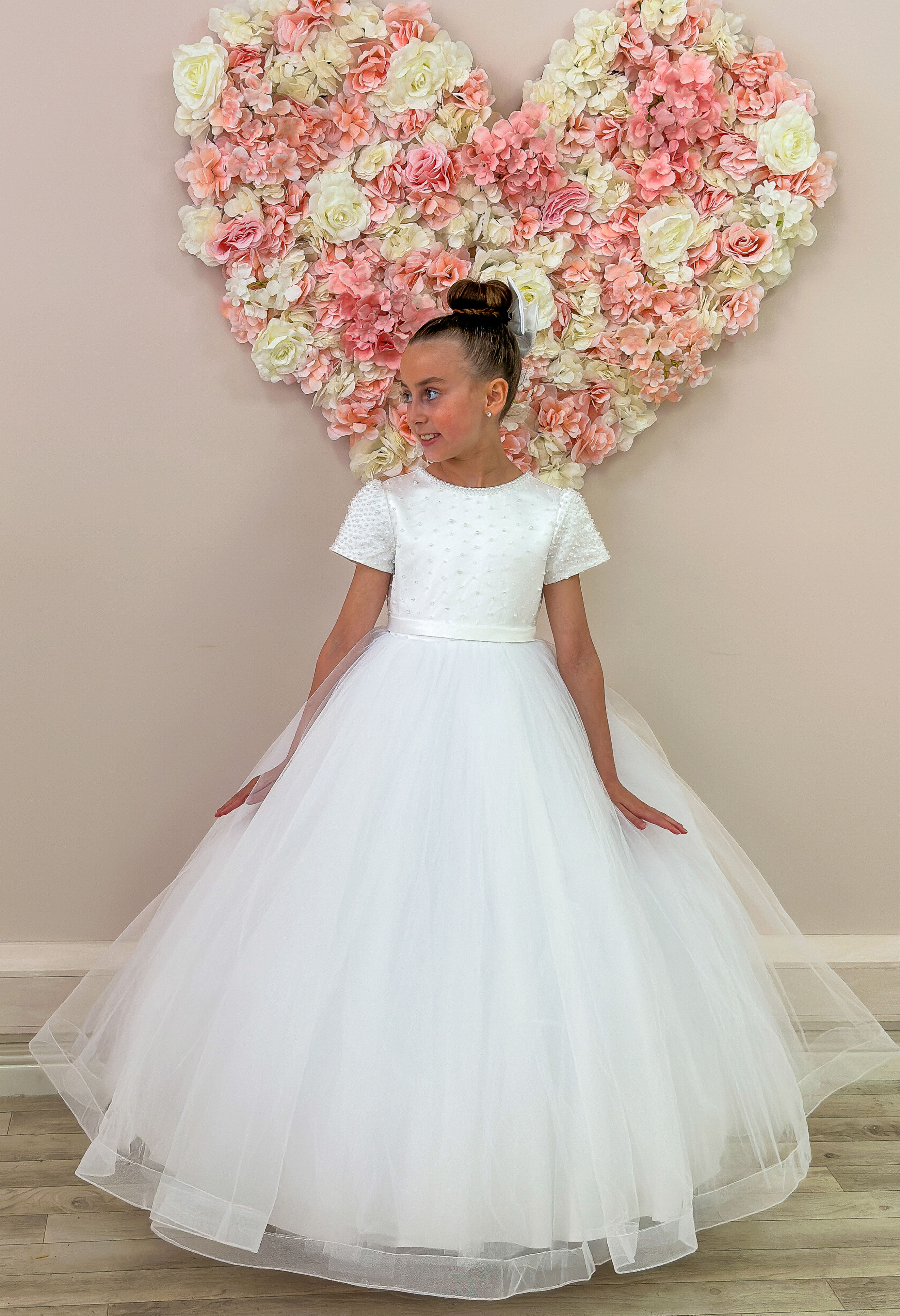 white cap sleeve communion dress with glass and pearl beading from crystal and pearl boutique