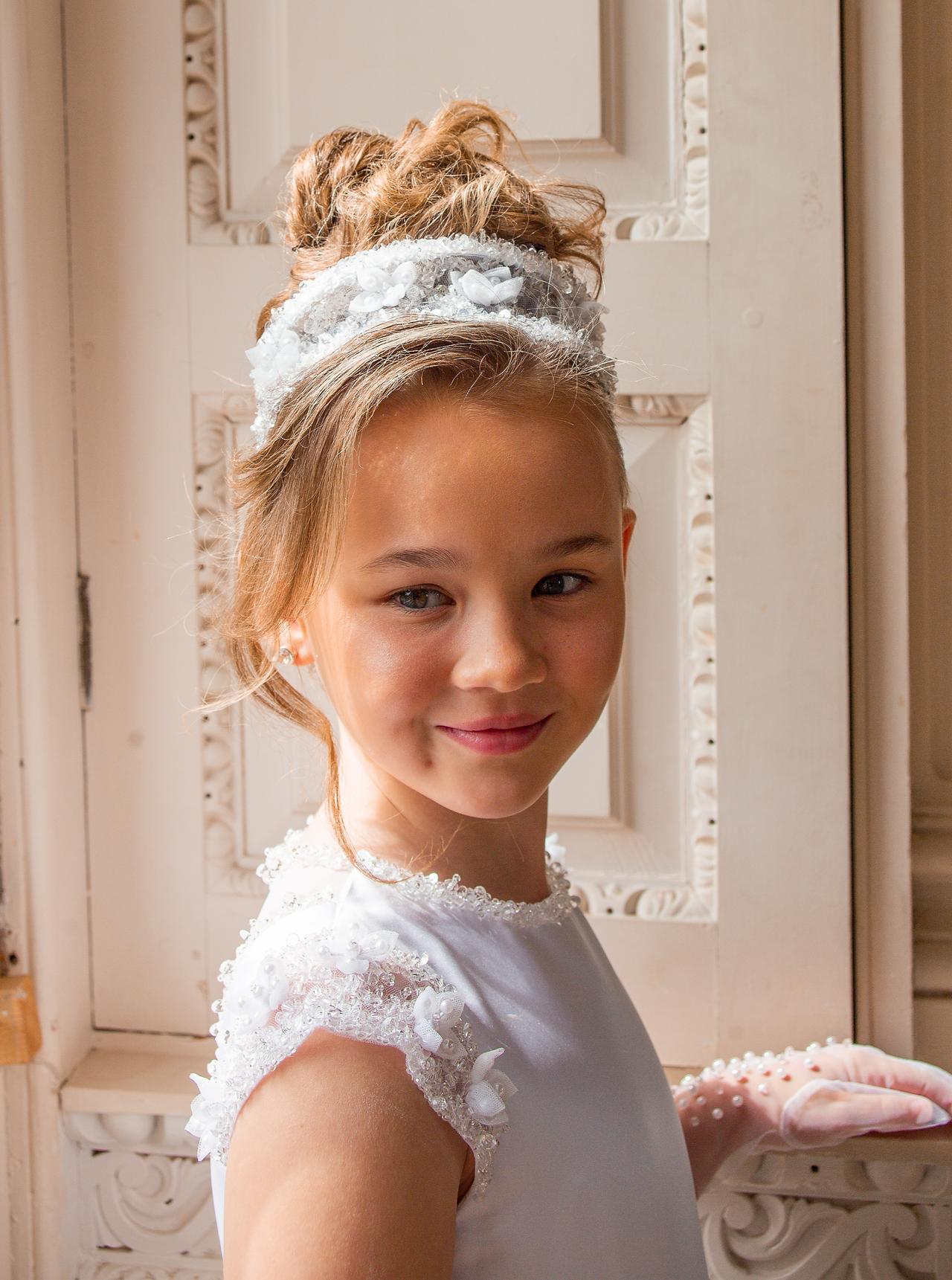 Communion handmade headband with floral mesh detailing and glass beading