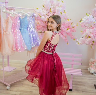 burgundy - red junior prom/p7 prom dress from Crystal and Pearl Boutique. Tulle skirt and embellished crystal bodice.
