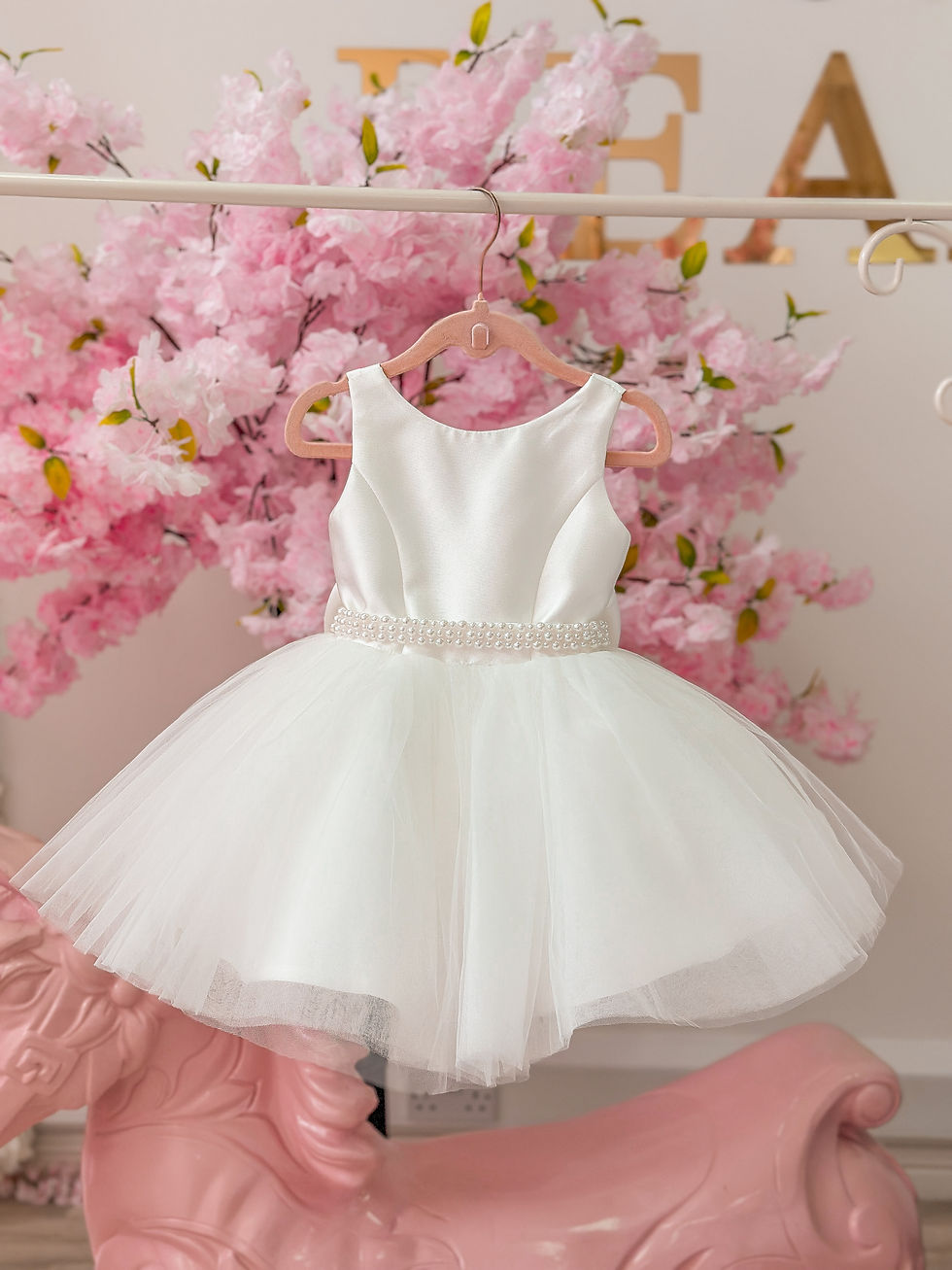 crystal and pearl boutique white/ivory flower girl dress with satin bodice and tulle skirt and pearl belt