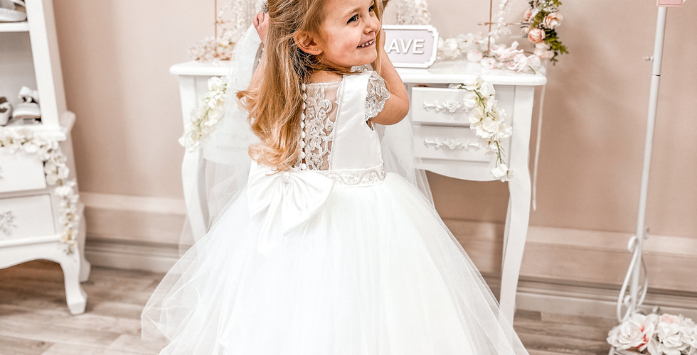 white flower girl dress from crystal and pearl boutique with satin bodice and tulle skirt up to 80% off