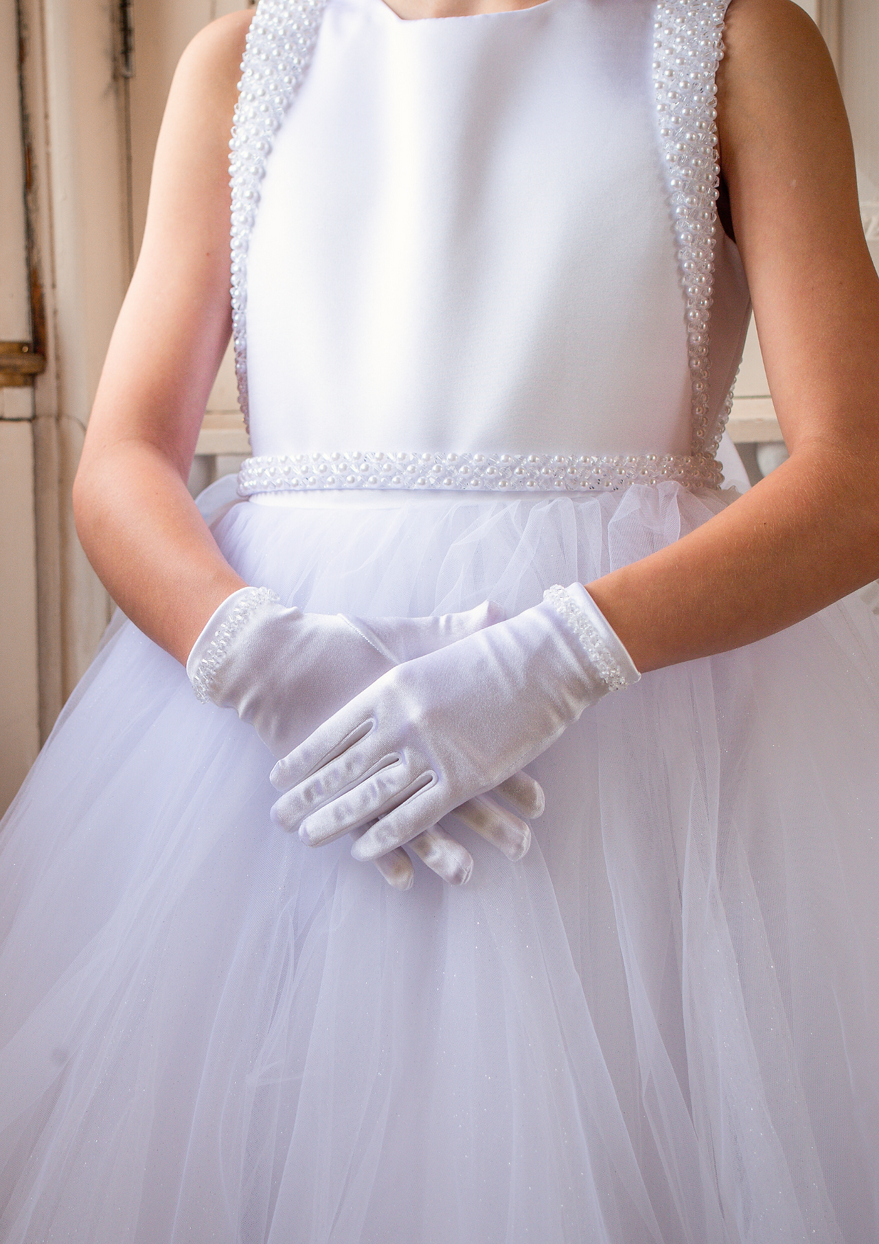 White satin communion gloves with bows